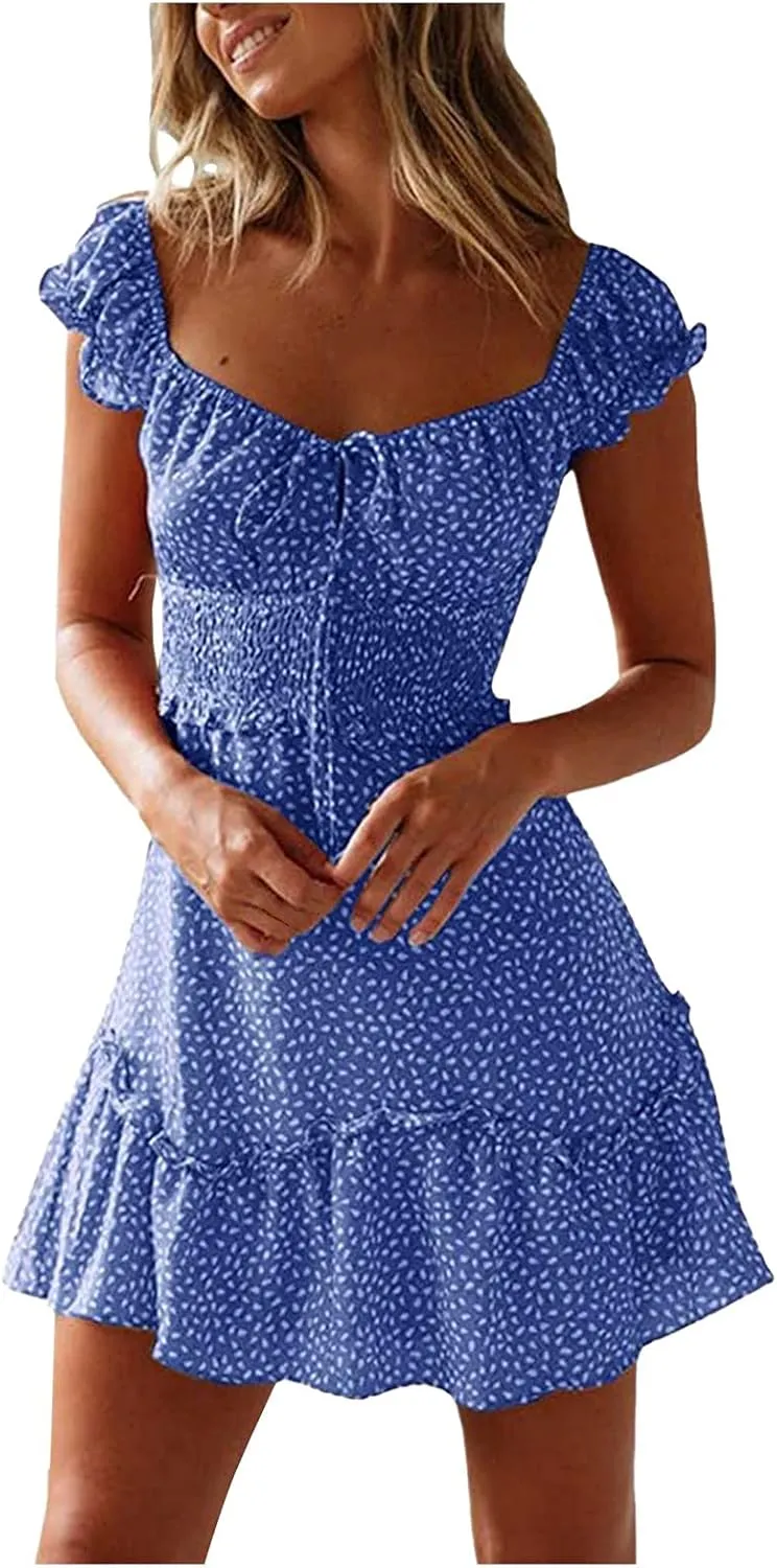 Womens Summer Dress Ruffle Sleeve Sweetheart Neckline Printing Mini Dresses Dressy Boho Vacation Sundress S-XXL
