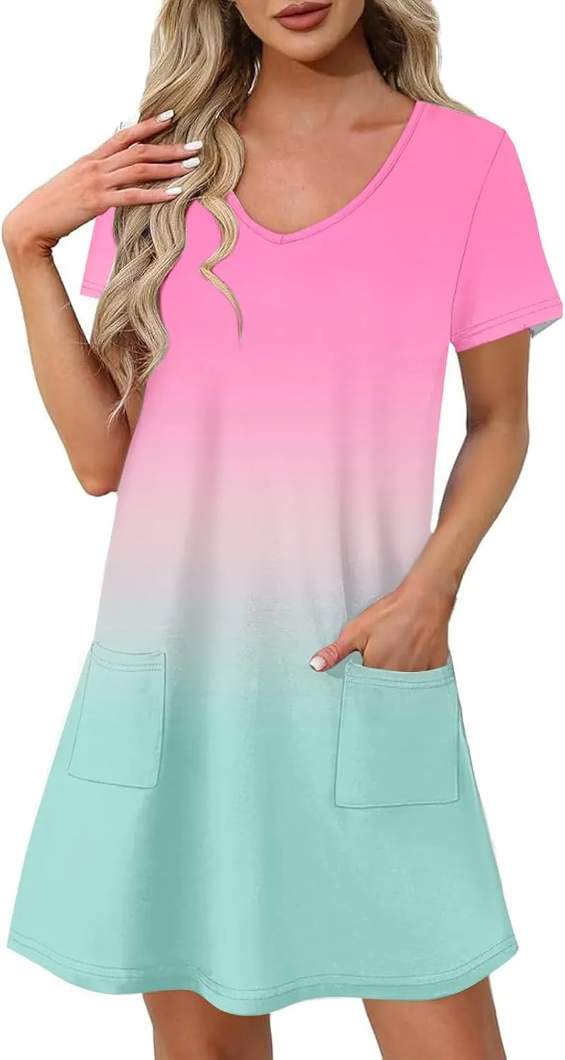 Womens Summer Dresses Casual Short Sleeve Gradient Color Dress Vacation Loose Crewneck Beach Sundress with Pocket