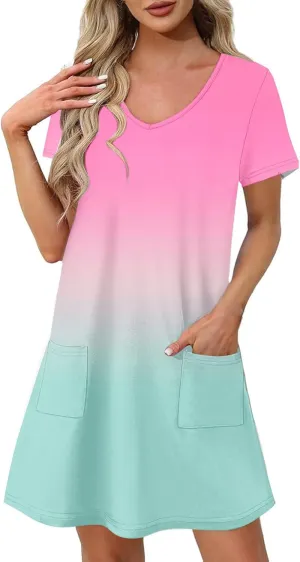 Womens Summer Dresses Casual Short Sleeve Gradient Color Dress Vacation Loose Crewneck Beach Sundress with Pocket