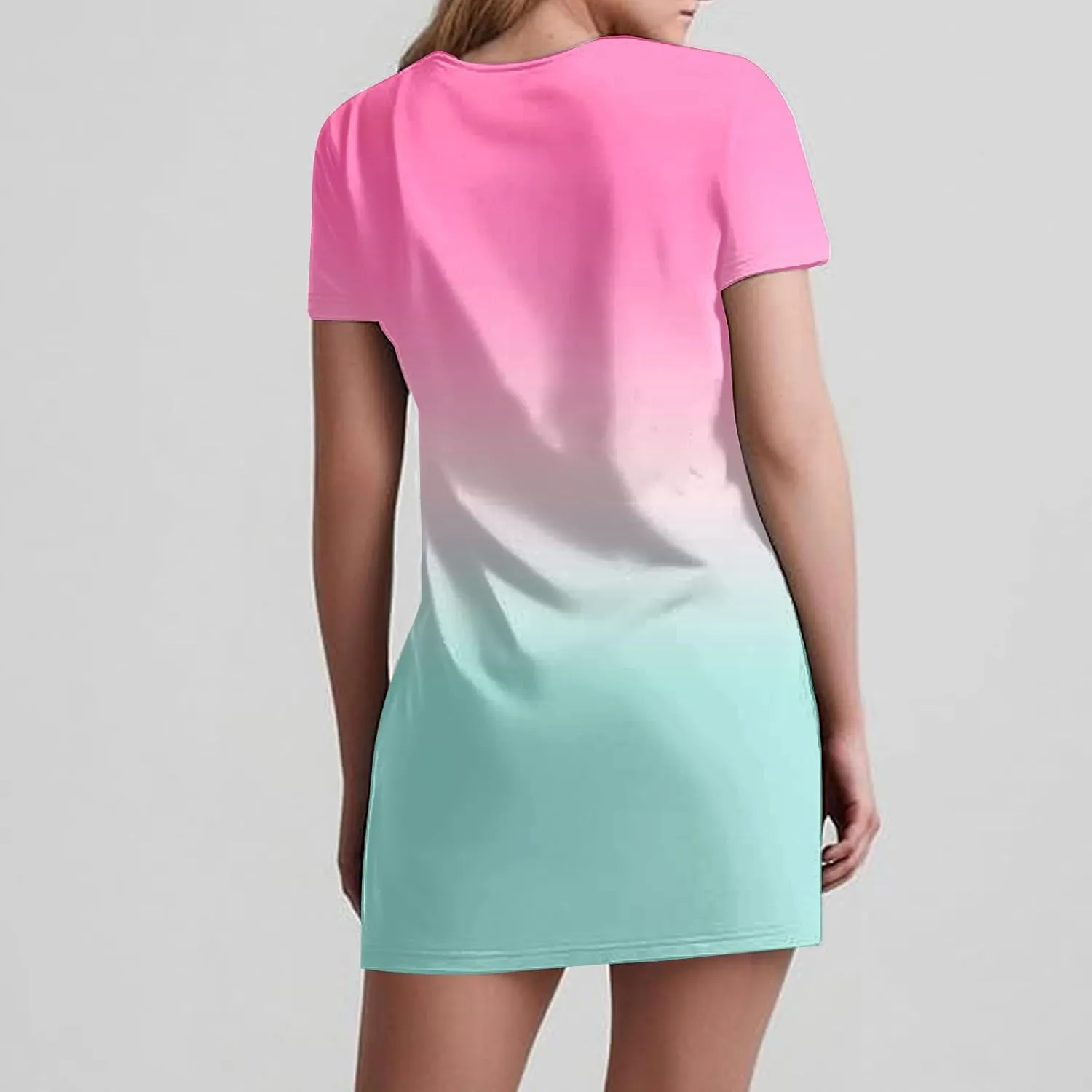 Womens Summer Dresses Casual Short Sleeve Gradient Color Dress Vacation Loose Crewneck Beach Sundress with Pocket