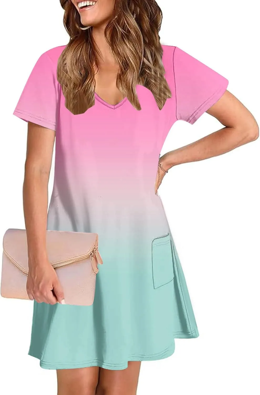 Womens Summer Dresses Casual Short Sleeve Gradient Color Dress Vacation Loose Crewneck Beach Sundress with Pocket