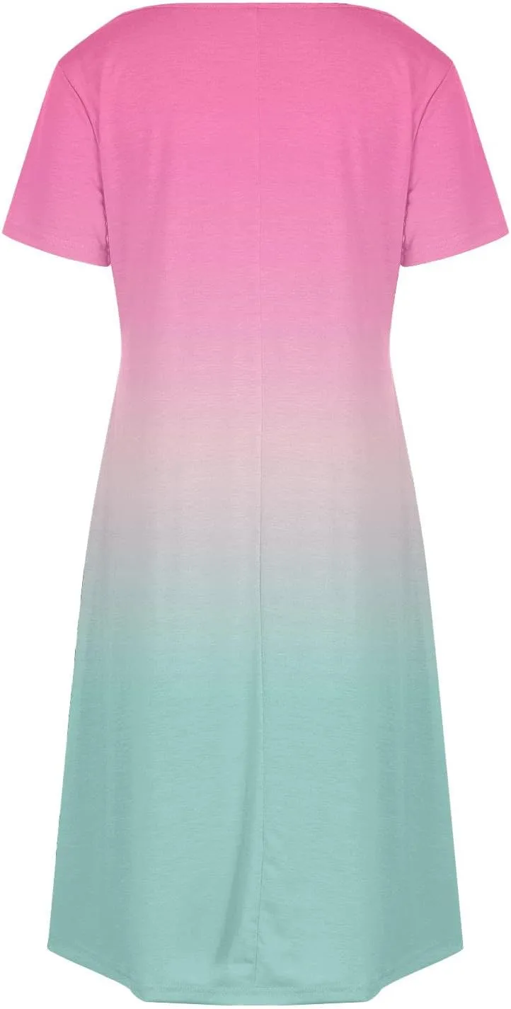 Womens Summer Dresses Casual Short Sleeve Gradient Color Dress Vacation Loose Crewneck Beach Sundress with Pocket