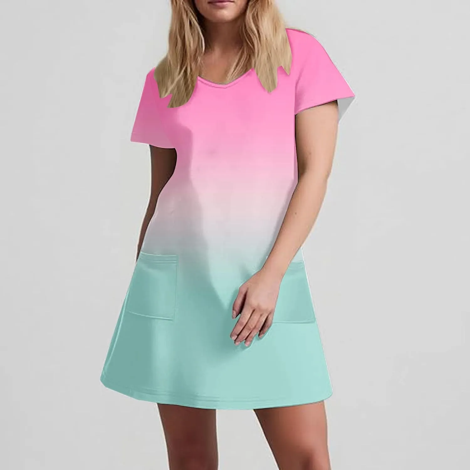 Womens Summer Dresses Casual Short Sleeve Gradient Color Dress Vacation Loose Crewneck Beach Sundress with Pocket