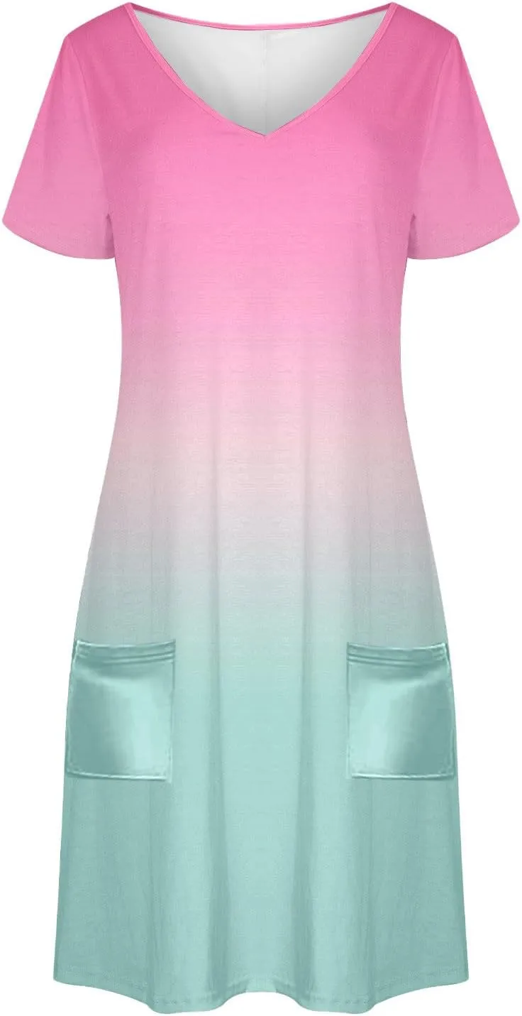 Womens Summer Dresses Casual Short Sleeve Gradient Color Dress Vacation Loose Crewneck Beach Sundress with Pocket