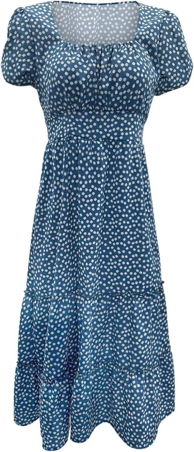 Womens Summer Midi Dress Square Neck Puff Sleeve Boho Dresses Cute Floral Flowy A-line Smocked Tiered Ruffle milkmaid Dress