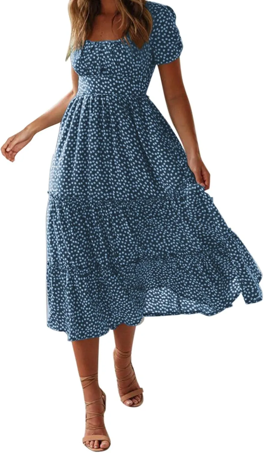 Womens Summer Midi Dress Square Neck Puff Sleeve Boho Dresses Cute Floral Flowy A-line Smocked Tiered Ruffle milkmaid Dress