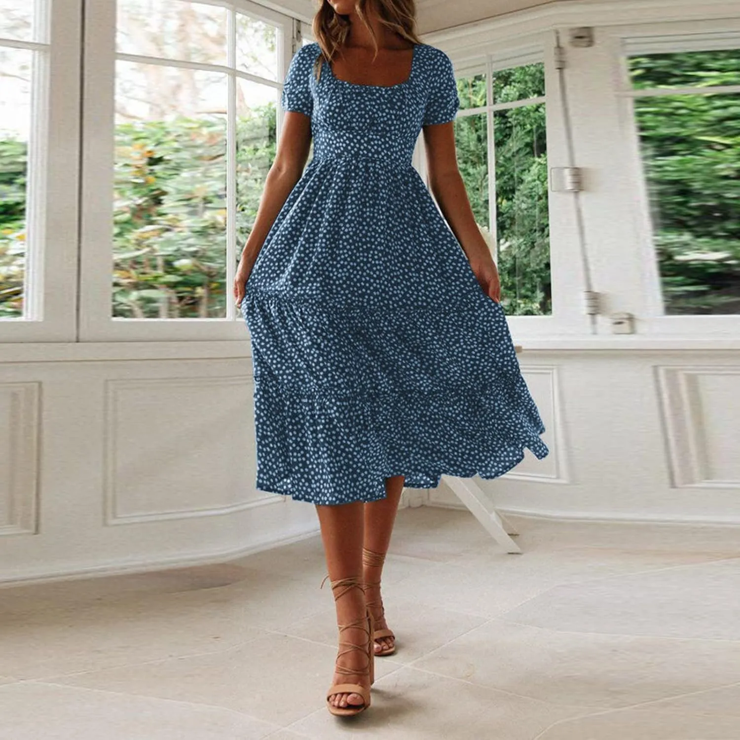 Womens Summer Midi Dress Square Neck Puff Sleeve Boho Dresses Cute Floral Flowy A-line Smocked Tiered Ruffle milkmaid Dress