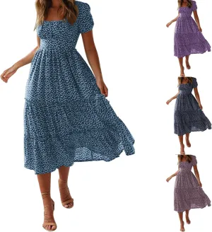 Womens Summer Midi Dress Square Neck Puff Sleeve Boho Dresses Cute Floral Flowy A-line Smocked Tiered Ruffle milkmaid Dress