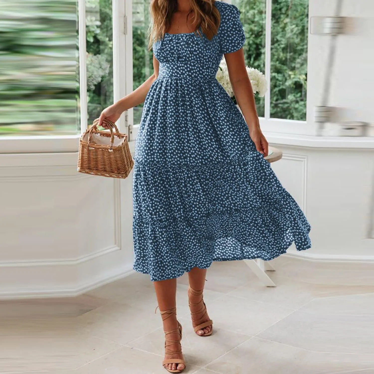 Womens Summer Midi Dress Square Neck Puff Sleeve Boho Dresses Cute Floral Flowy A-line Smocked Tiered Ruffle milkmaid Dress