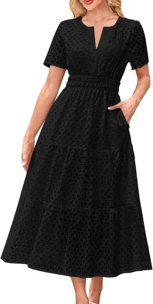Women's Summer Short Sleeve A-Line Midi Dresses Casual Solid Color Long Dress Flowy Beach Sundress with Pockets S-XXL
