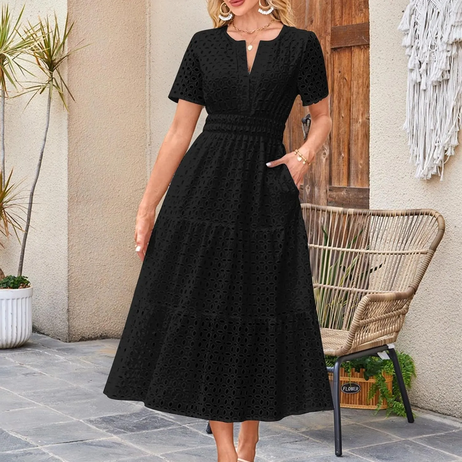 Women's Summer Short Sleeve A-Line Midi Dresses Casual Solid Color Long Dress Flowy Beach Sundress with Pockets S-XXL