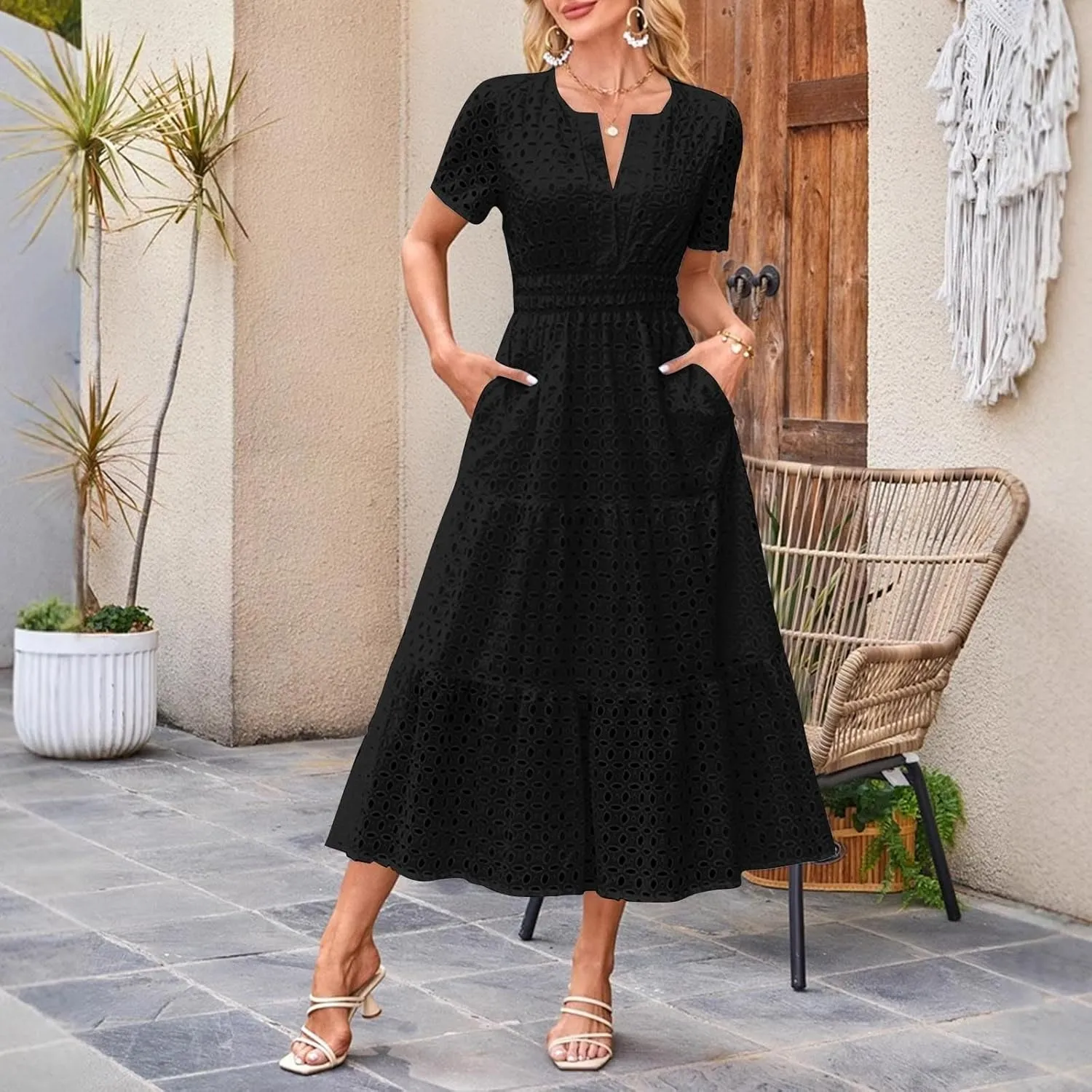 Women's Summer Short Sleeve A-Line Midi Dresses Casual Solid Color Long Dress Flowy Beach Sundress with Pockets S-XXL