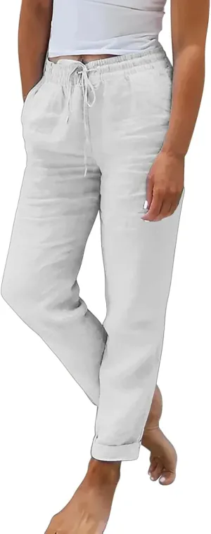 Womens Tapered Linen Pants Straigth Leg Beach Pants Pockets Adjustable Tie Knot Lounge Trousers Summer Holiday Yoga Pants