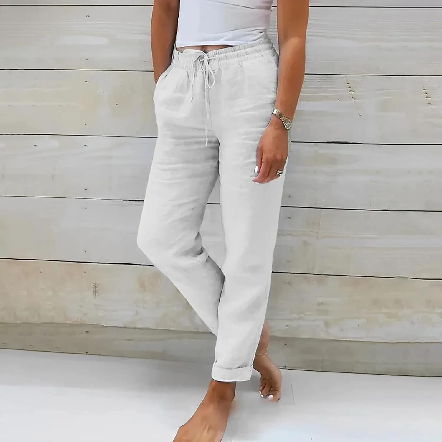 Womens Tapered Linen Pants Straigth Leg Beach Pants Pockets Adjustable Tie Knot Lounge Trousers Summer Holiday Yoga Pants