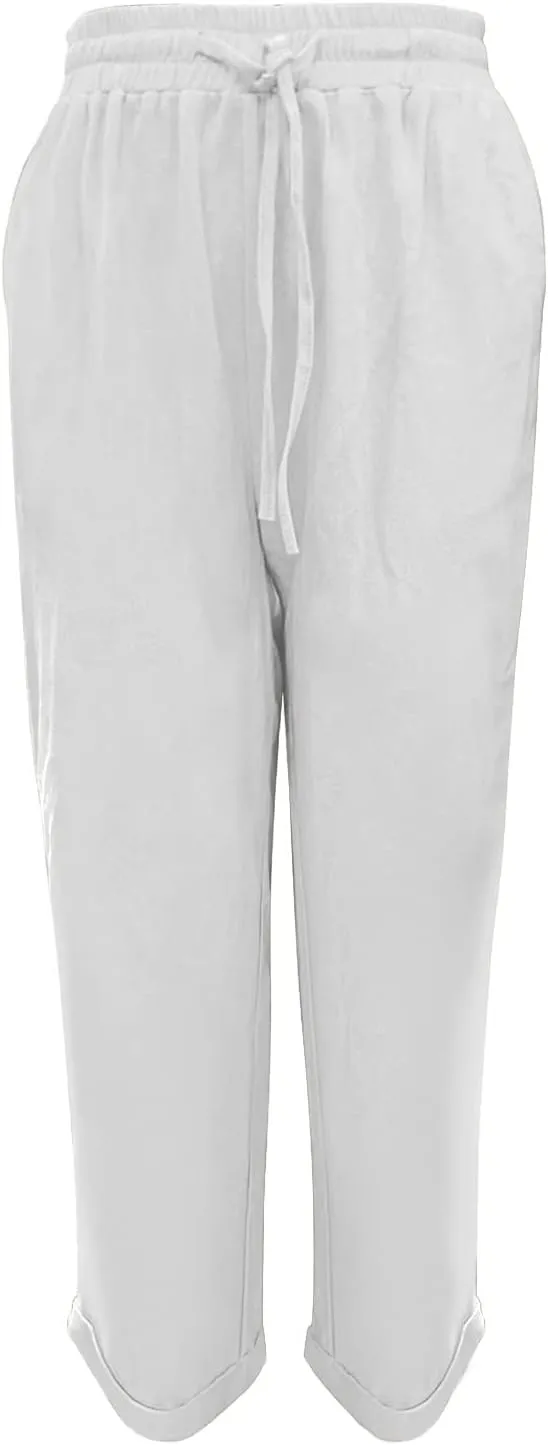 Womens Tapered Linen Pants Straigth Leg Beach Pants Pockets Adjustable Tie Knot Lounge Trousers Summer Holiday Yoga Pants