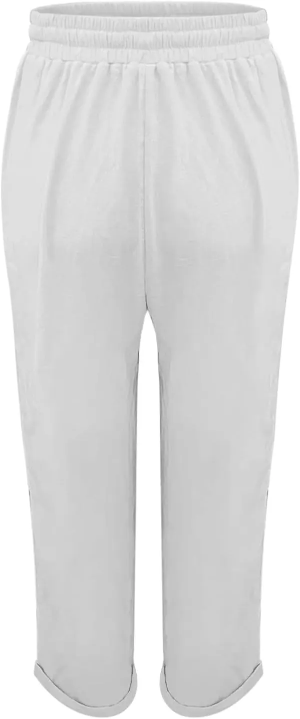 Womens Tapered Linen Pants Straigth Leg Beach Pants Pockets Adjustable Tie Knot Lounge Trousers Summer Holiday Yoga Pants