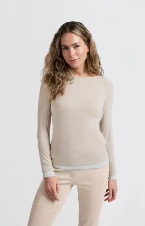 Yaya Faux Layer Boatneck Top - Feather Grey