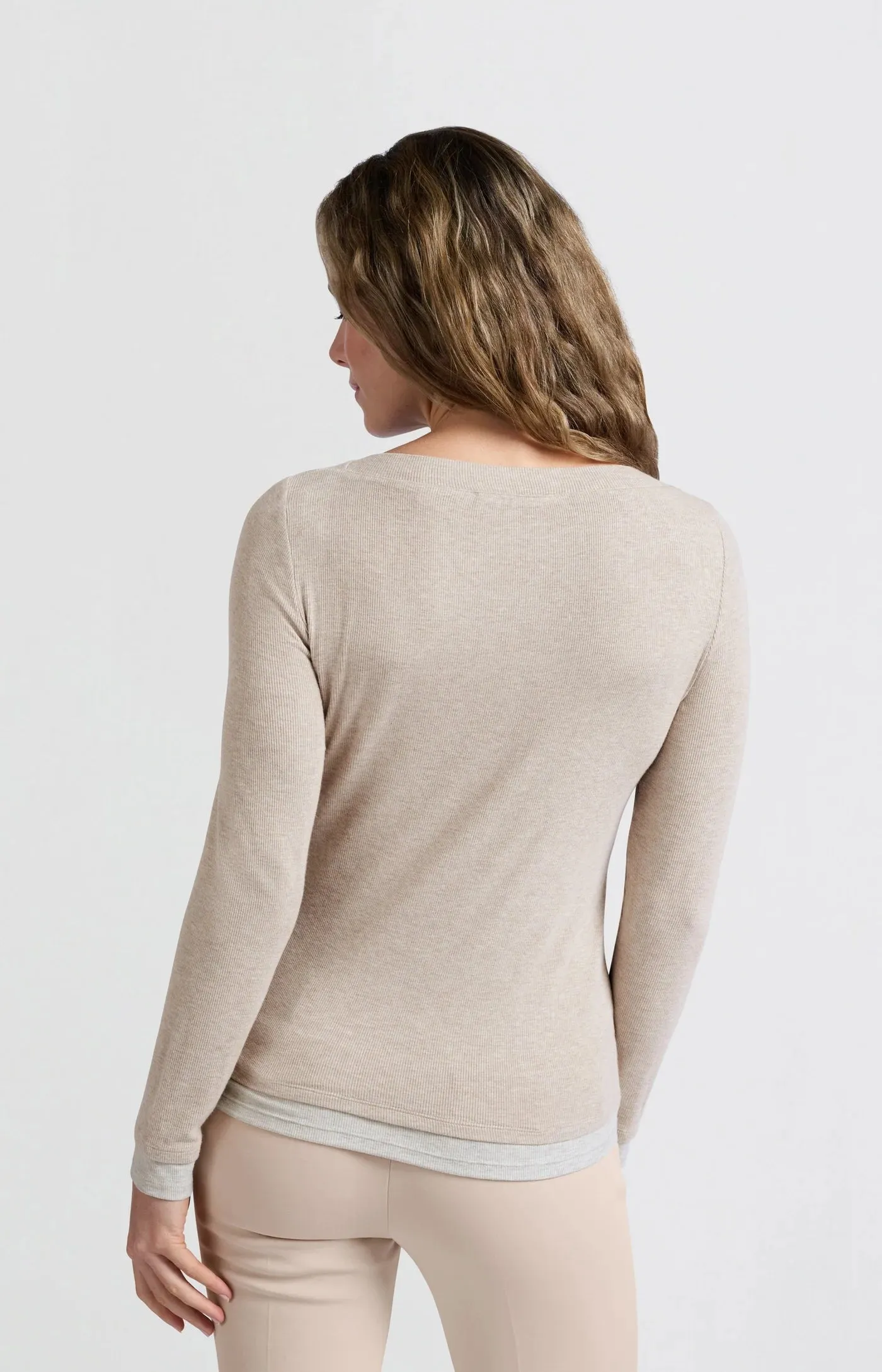Yaya Faux Layer Boatneck Top - Feather Grey